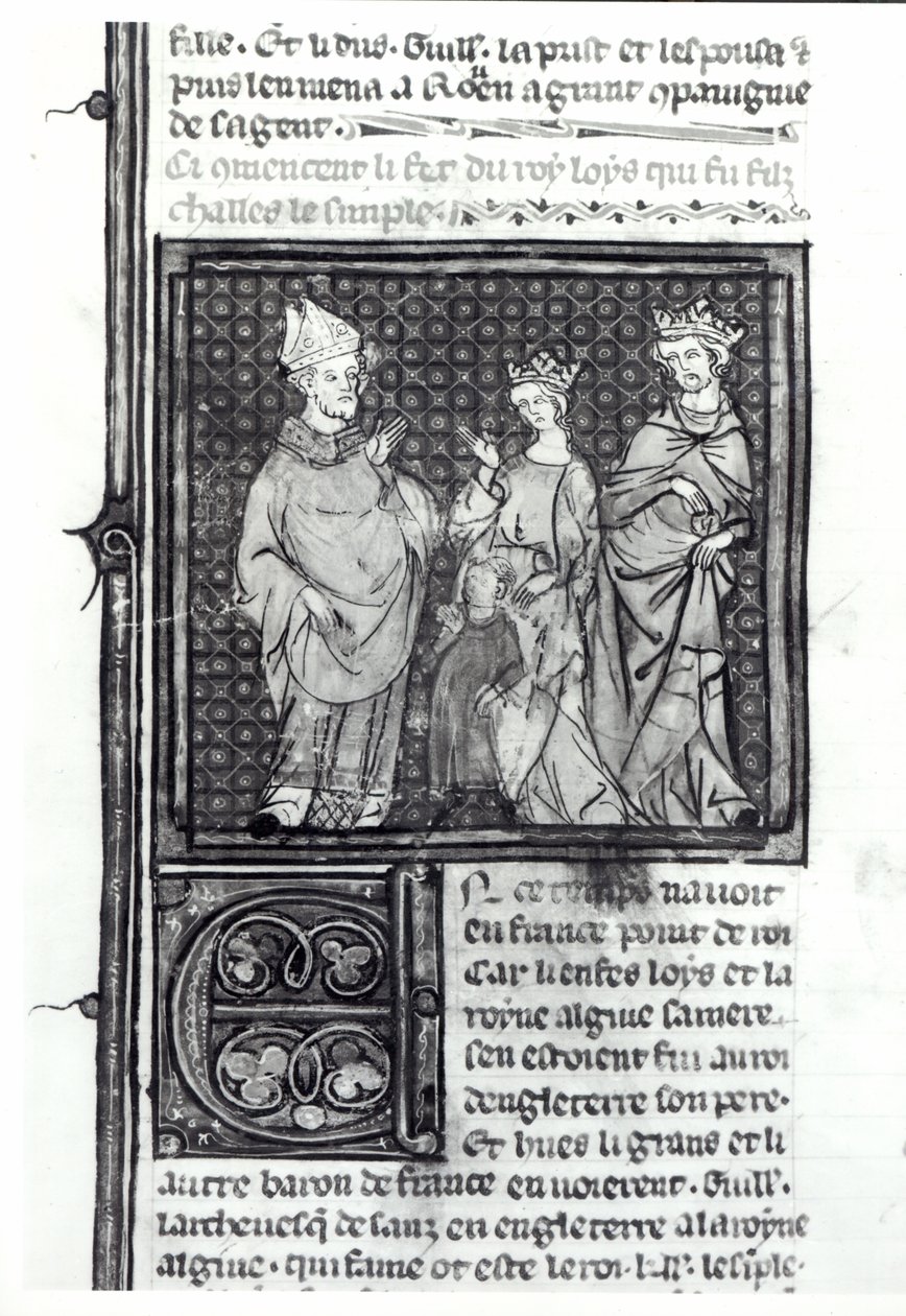 Carlo III il Semplice con sua moglie e suo figlio, Luigi IV, Grandes Chroniques de France, 1375-79 da French School