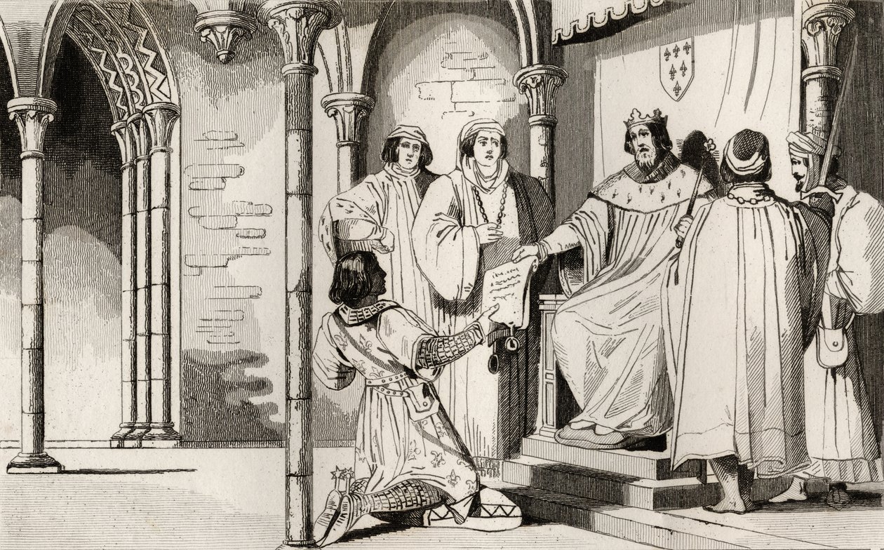 Carlo IV (1294-1328) il Bello riceve una supplica a corte, da 
