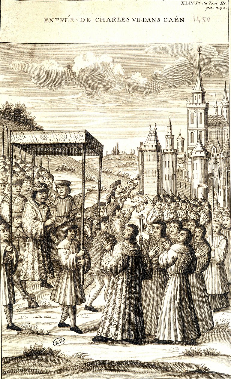 Carlo VII entra a Caen nel 1450 da French School