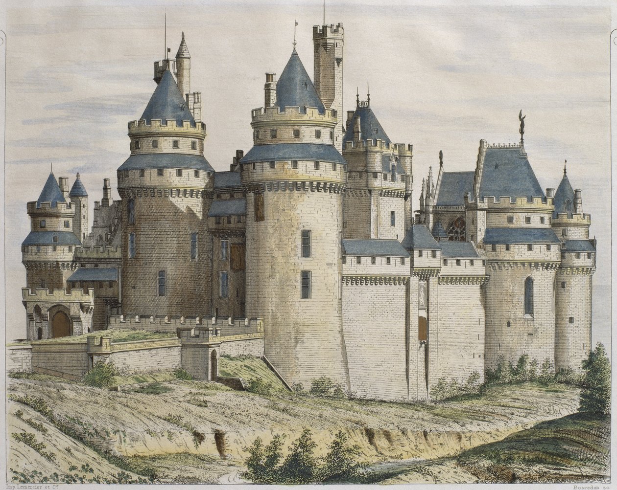 Chateau de Pierrefonds, illustrazione da Le Moniteur des architectes, inciso da Bosredon da French School