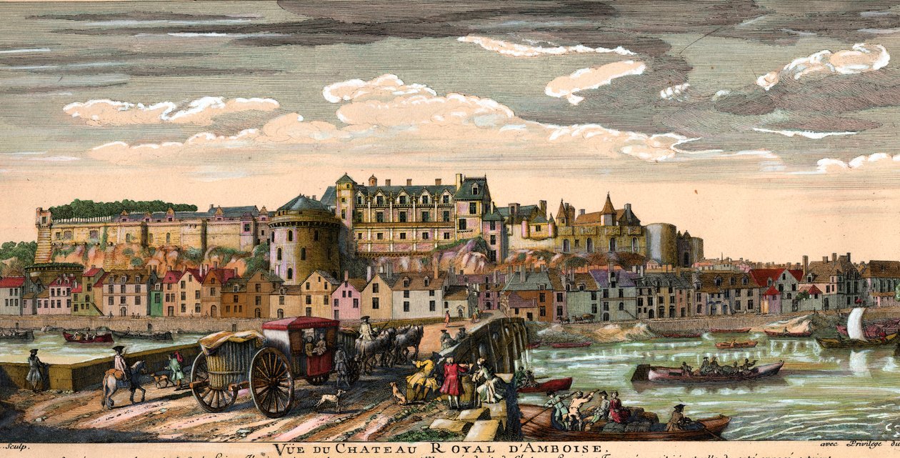 Castelli della Loira: vista del castello di Amboise in Indre e Loira nel XVIII secolo. Incisione d