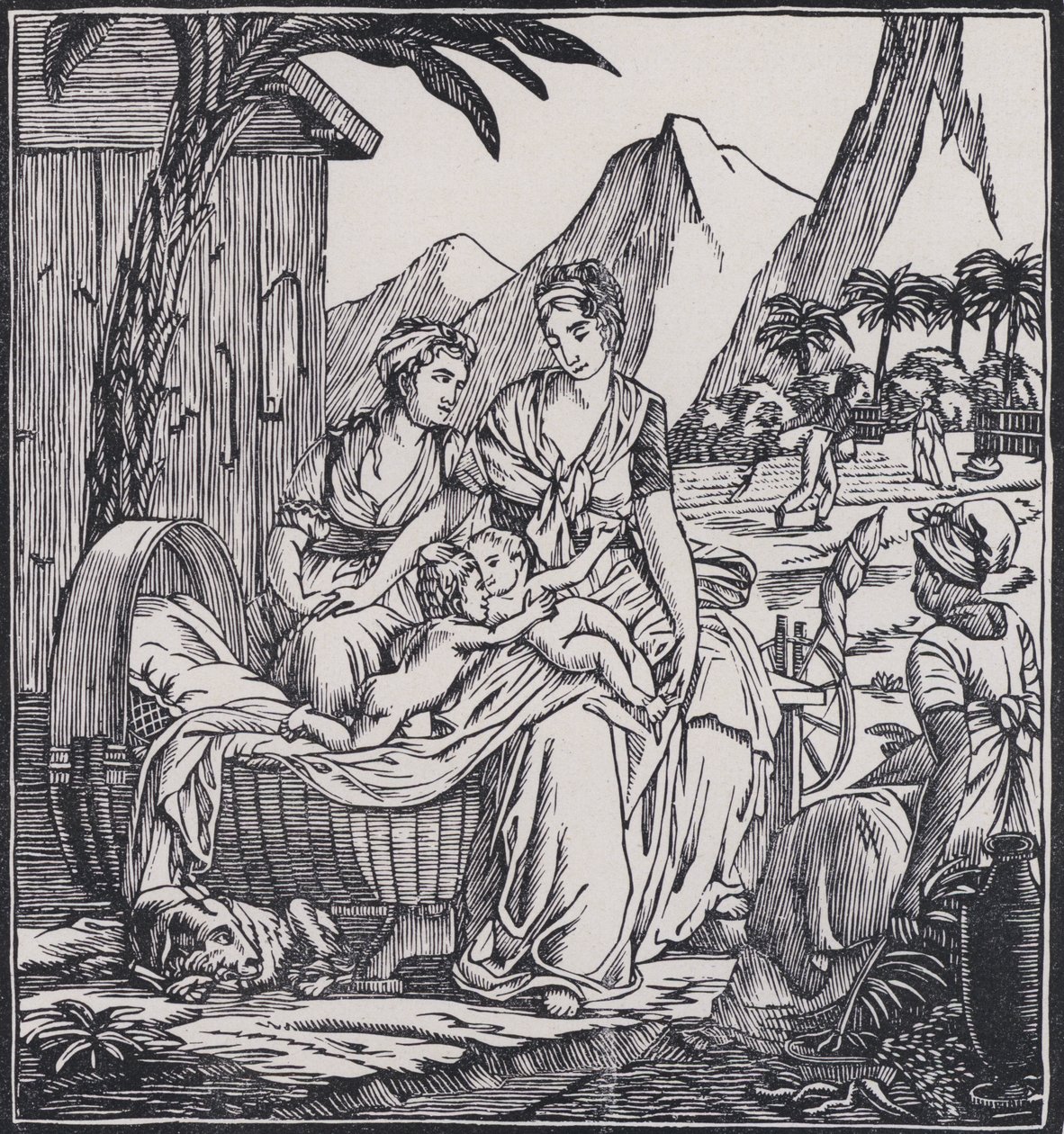 Infanzia di Paul e Virginie, scena del romanzo Paul et Virginie dello scrittore francese Jacques-Henri Bernardin de Saint-Pierre (litografia) da French School