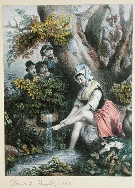Bambini che spiano una giovane ragazza che si lava i piedi in un ruscello. c. 1840 da French School