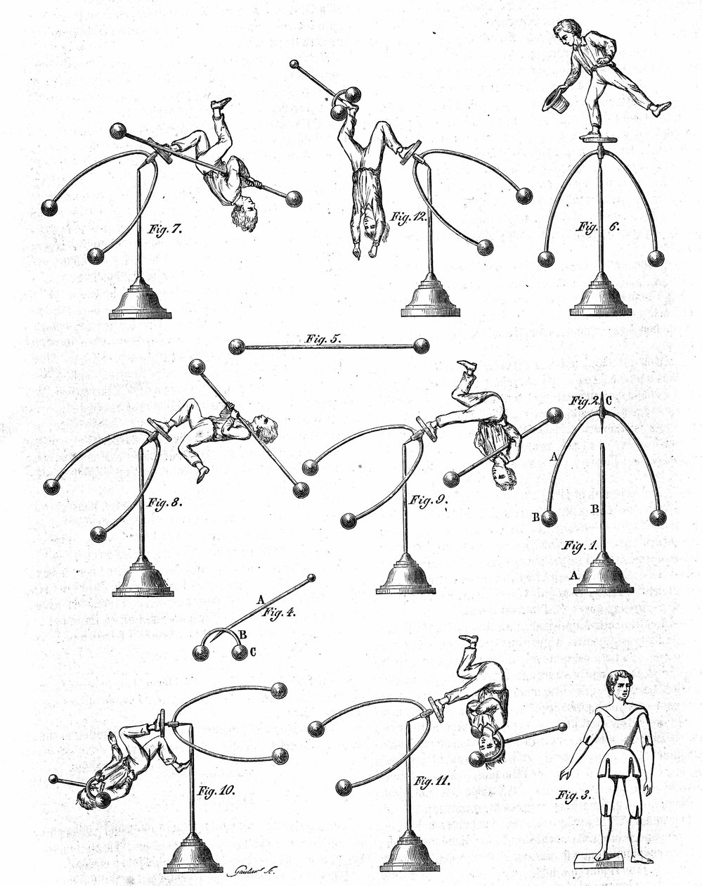 Giocattolo per bambini: le diverse posizioni di un giocatore in equilibrio. Incisione in "Le Magasin Picturesque" da French School