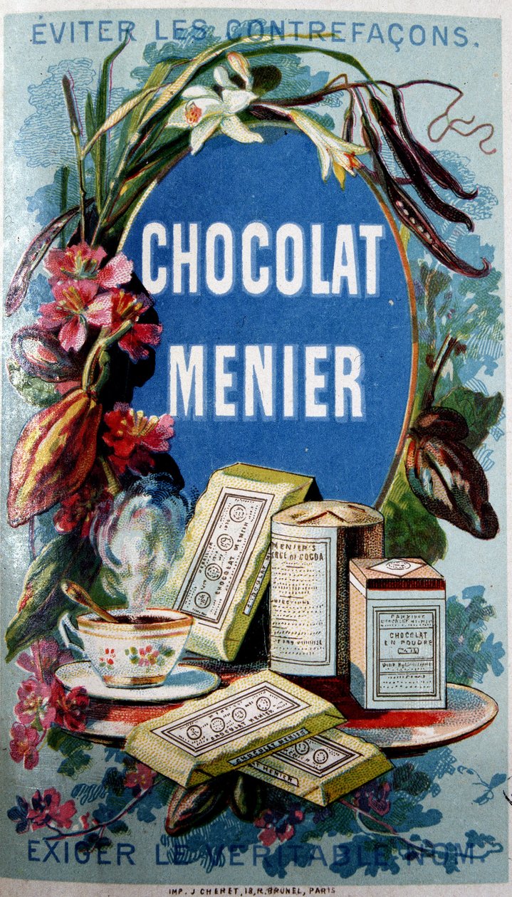 Pubblicità del cioccolato "Menier" con la dicitura "Evitare contraffazioni" da French School
