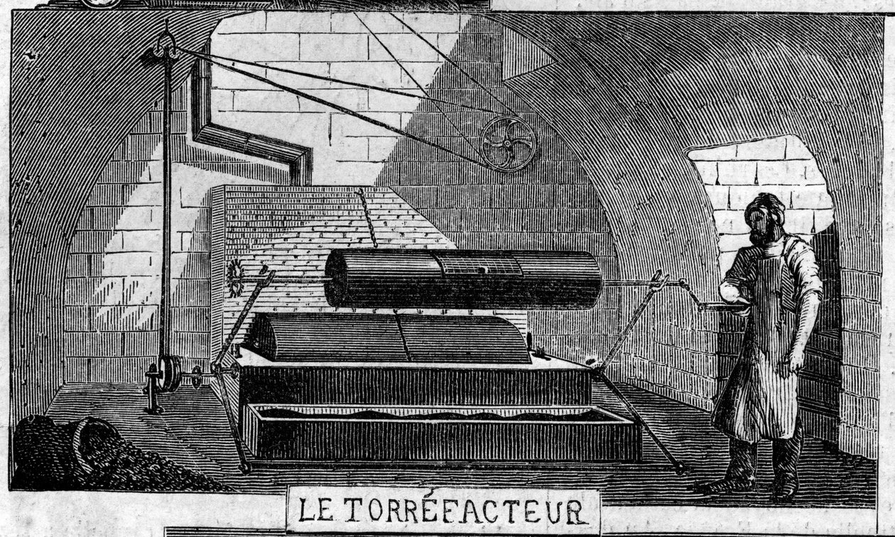 Produzione di cioccolato: il torrefattore. Fabbrica di M. Masson, Parigi da French School