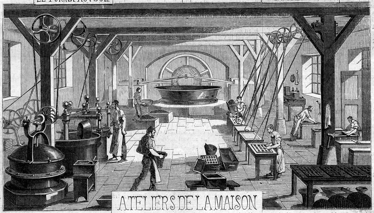 Produzione di cioccolato: vista interna dei laboratori di M. Masson, Parigi da French School
