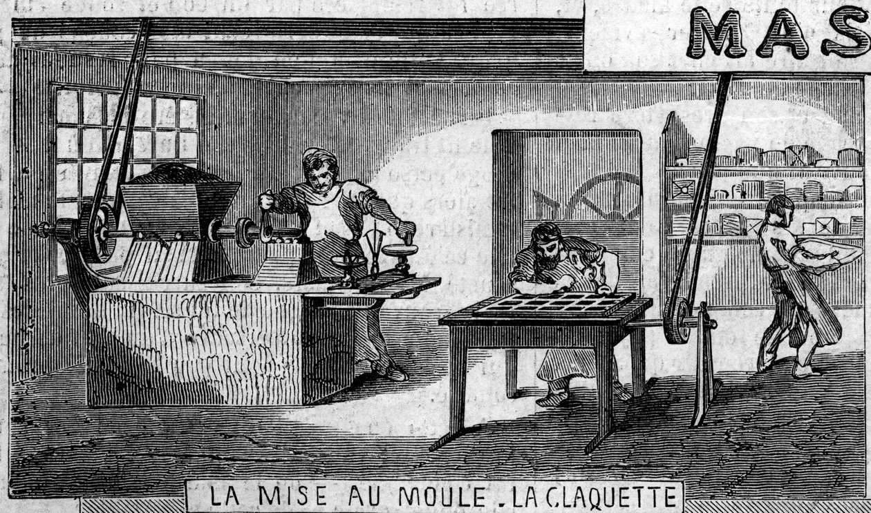 Fabbricazione del cioccolato: pesatura e stampaggio, rubinetto. Fabbrica di M. Masson, Parigi da French School