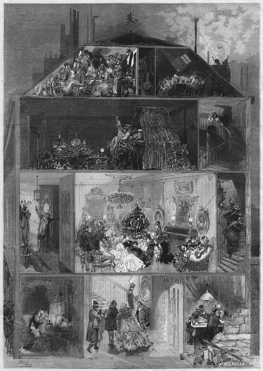 Vigilia di Natale: sezione trasversale di un edificio parigino che presenta diversi modi di celebrare la vigilia di Capodanno. Incisione in "Le Monde Illustré" n. 810 del 19 ottobre 1872 da French School