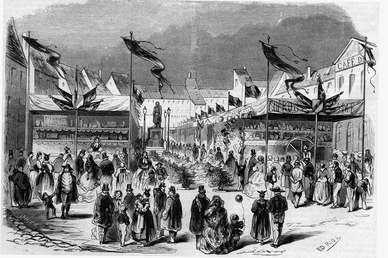Festa di Natale in Alsazia: la Fiera di Natale (del Bambino Gesù) a Strasburgo nel 1857. Incisione in “Le Monde Illustré” n°38 del 2 gennaio da French School