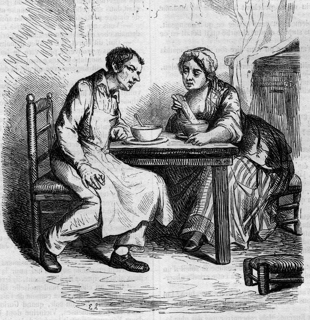 Christophe e la grassa Sylvie: domestici che fanno colazione. Incisione metà XIX secolo. Illustrazione per 