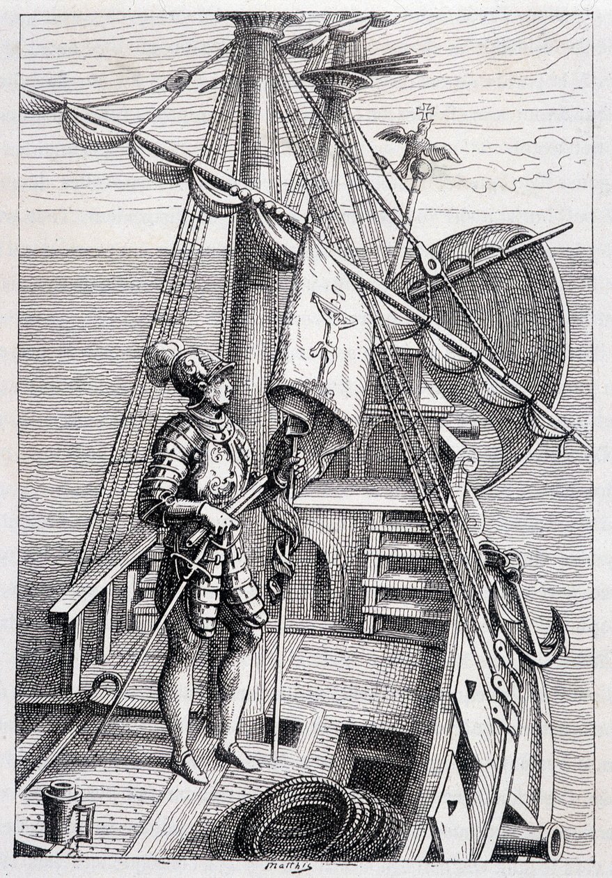 Cristoforo Colombo sul suo rimorchio, ill. "Scoperta della Terra" di Jules Verne, ed. Hetzel, XIX secolo da French School