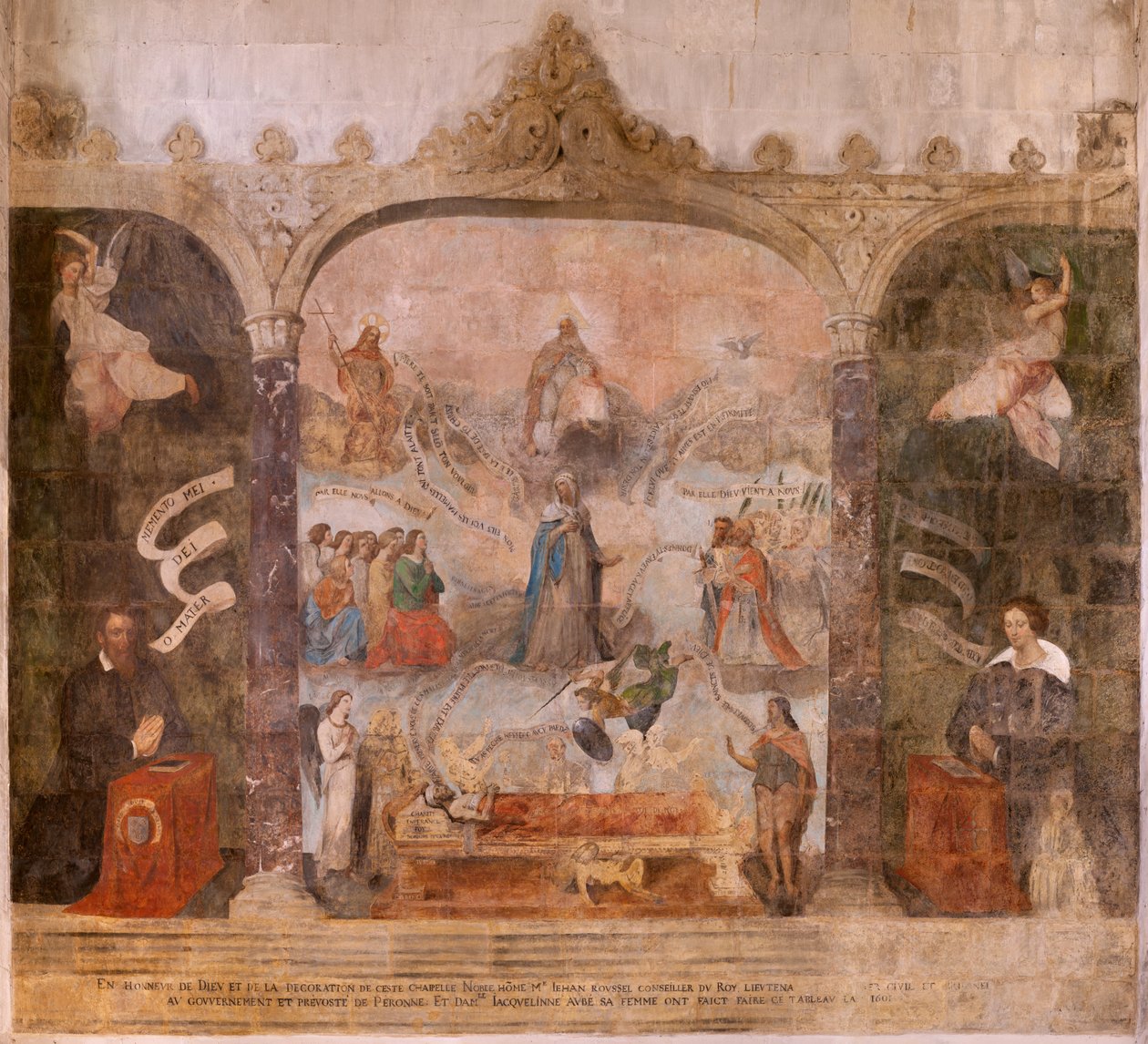 Chiesa (Eglise Saint-Jean-Baptiste). Interno. Cappella Saint-Fursy. Dipinti murali. La glorificazione di Maria (fresque dite de la bonne mort). Inizio XVII secolo. da French School