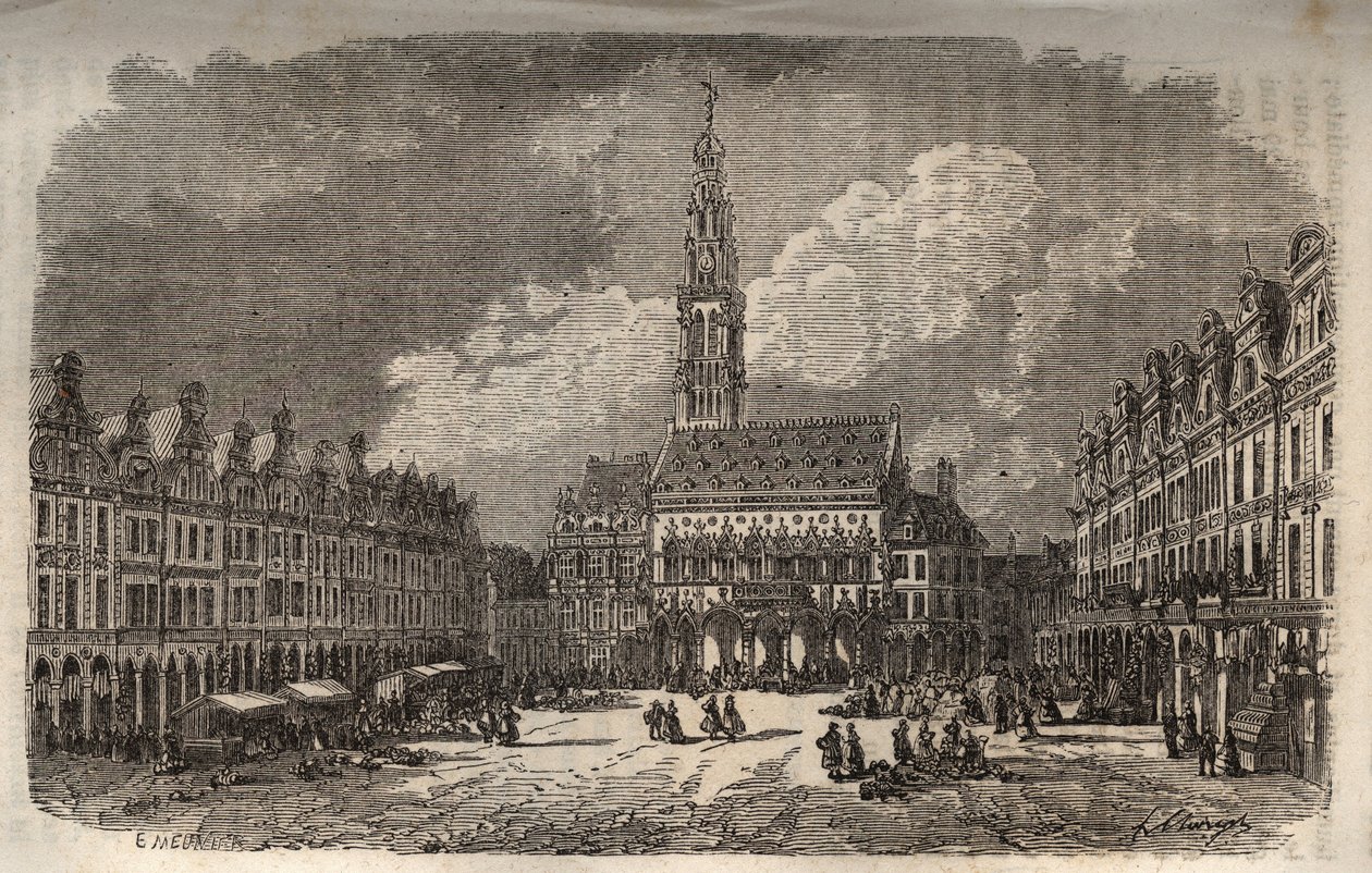 Municipio e campanile della città di Arras - incisione in 