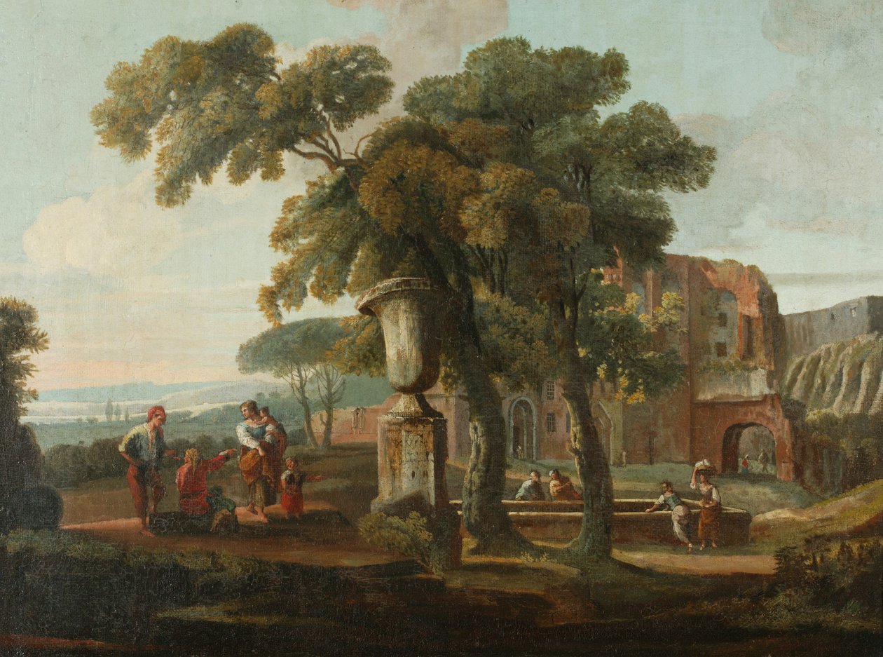 Paesaggio classico con urna da French School
