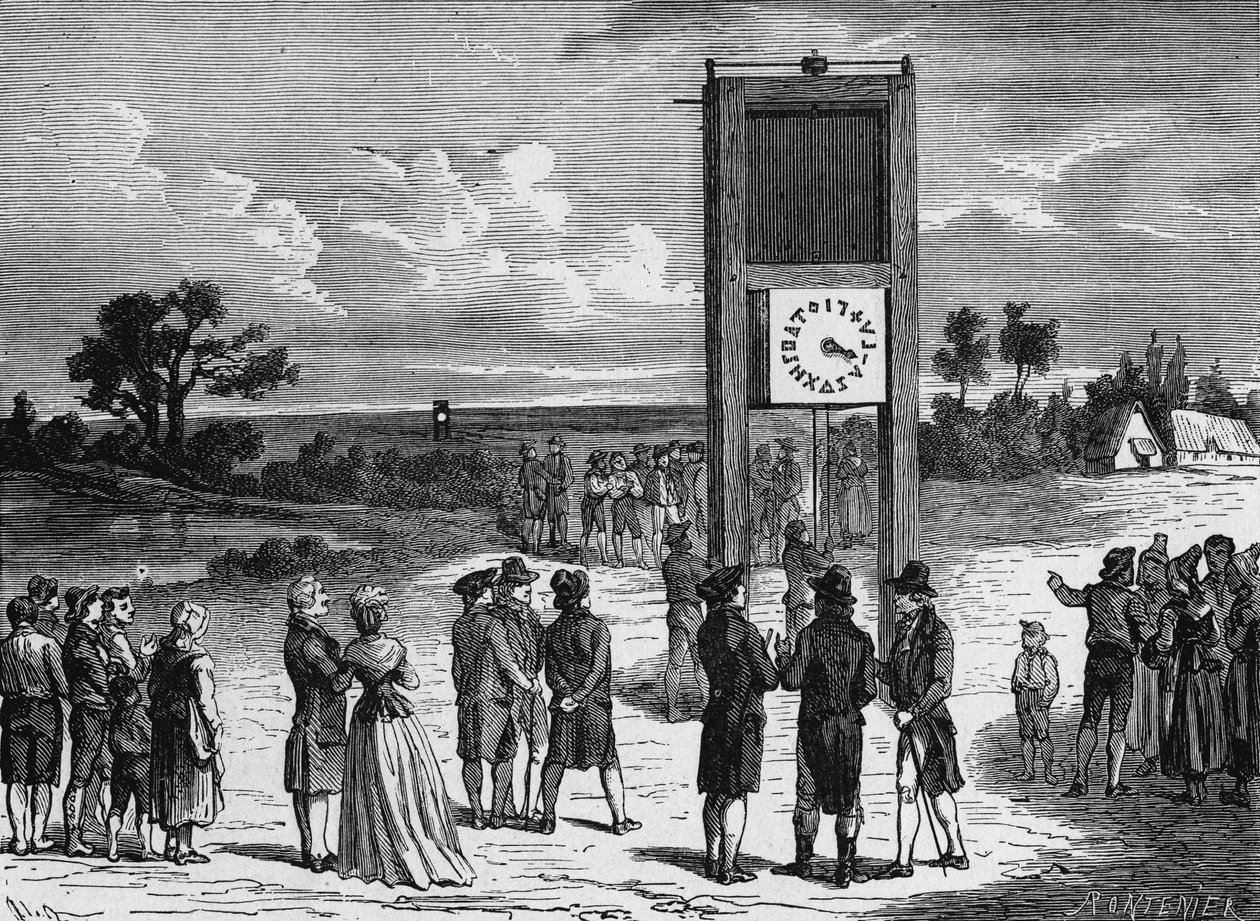 Claude Chappe sperimenta il suo primo telegrafo aereo nel 1793 - in "Album de la Science; illustrious scholars; Grandes discoveries" 1896 da French School