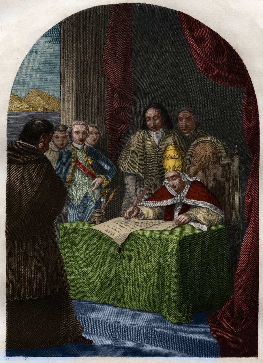 Clemente XIV (1705-1774) abolisce la Compagnia di Gesù il 21 luglio 1773. Incisione del 1842 in "Histoire des popes: crimes, murders, poisonings, parricides, adulteres, incest..." di Maurice Lachatre. Collezione privata da French School