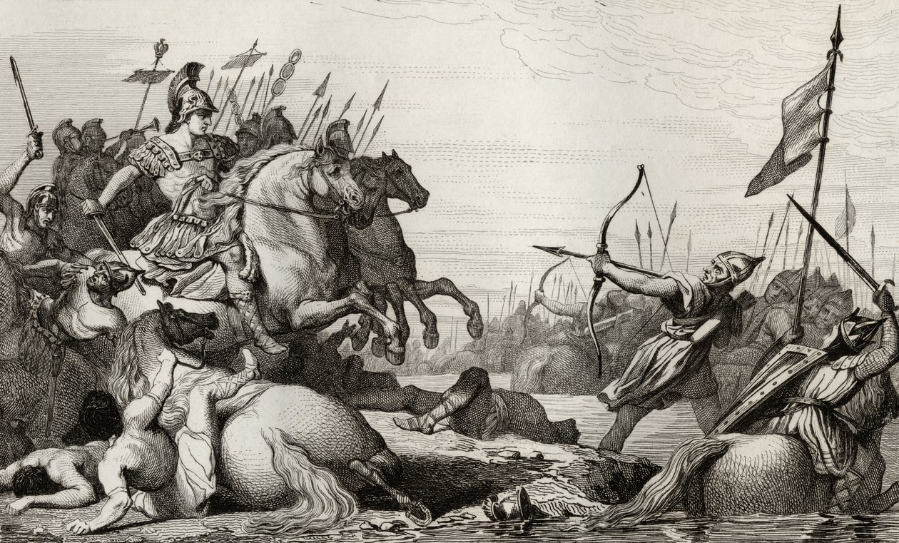 Clodion, Il Peloso (c.428-47) si ritira attraverso il ponte dopo la sua sconfitta da parte di Ezio, da 