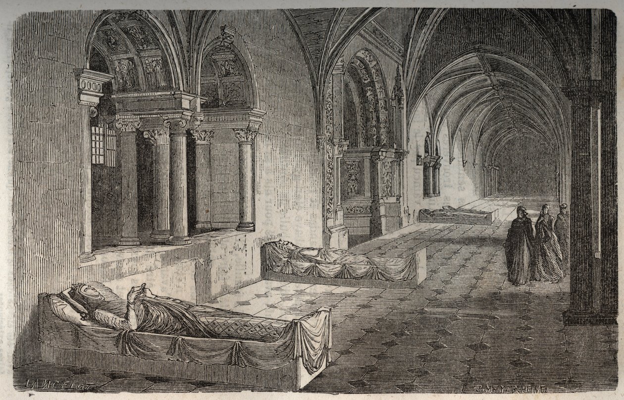 Chiostro di Fontevrault con statue di Enrico II - Eleonora di Aquitania - incisione in "Histoire de France" di Victor Duruy - 1882 da French School