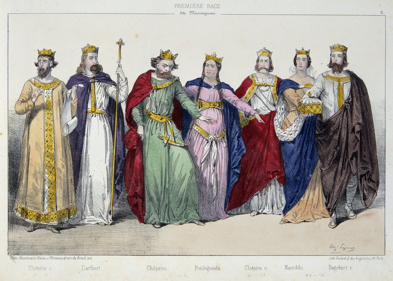 Clotario I, Cariberto, Chilperico, Fredegonda, Clotario II, Nantilde, Dagoberto I - in "La monarchia francese in stampe" da French School