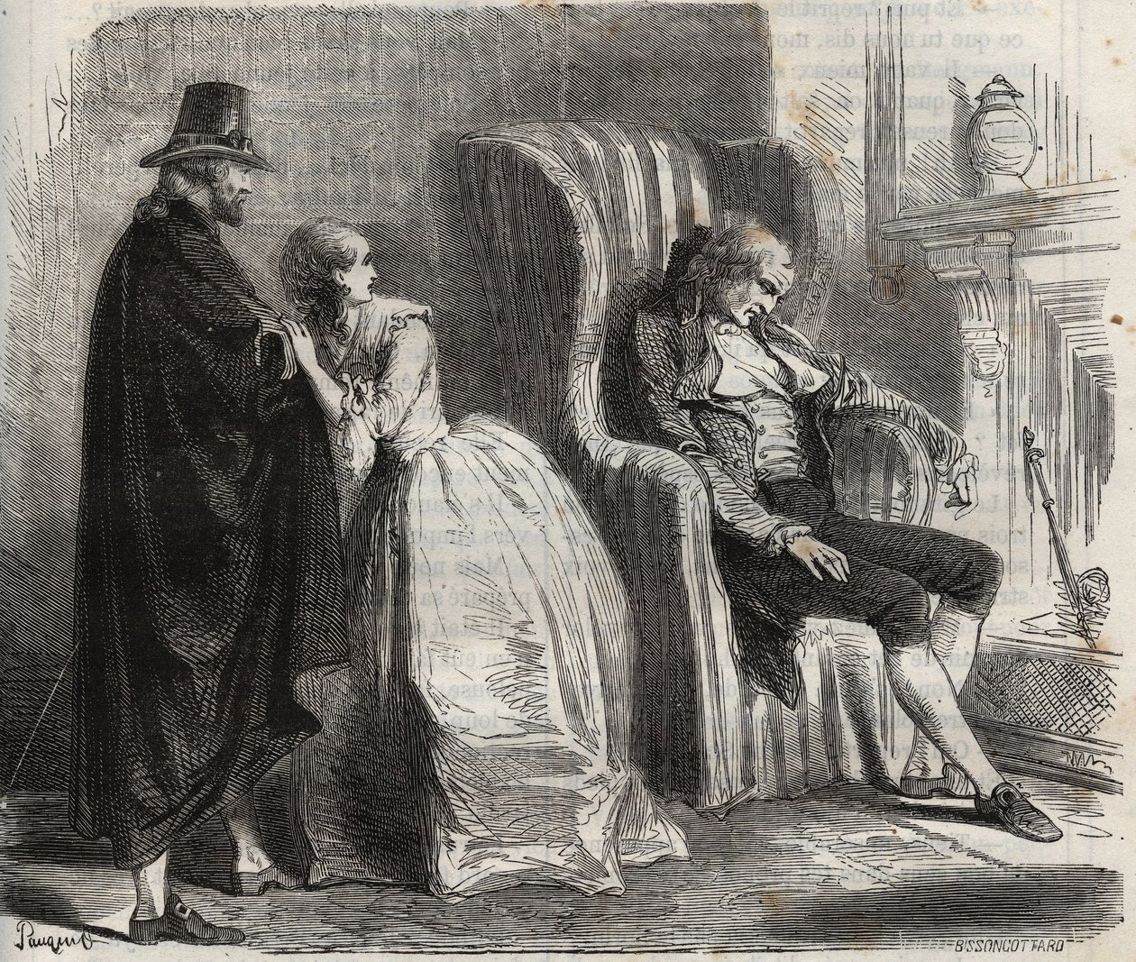 Clotilde Sprengel e Zacharie Bergmann osservano il medico tedesco Petrus Schultz addormentato davanti al XVIII secolo. Incisione del 1871 in "Histoire Des Cocuses Celebres" di Henry de Kock da French School