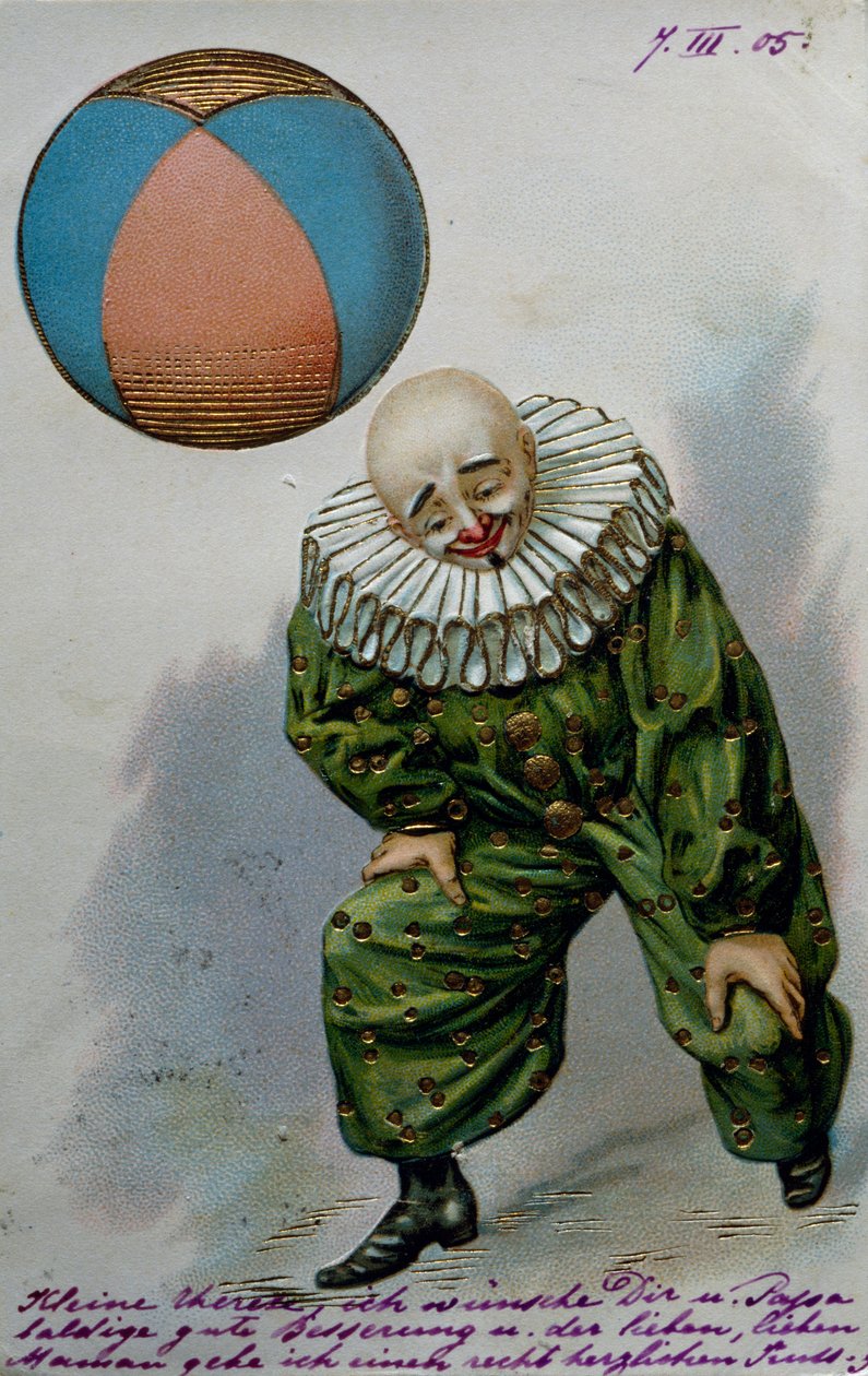 Clown, 1905 circa, cartolina postale, litografia offset a secco con viraggio oro, Francia, XX secolo da French School