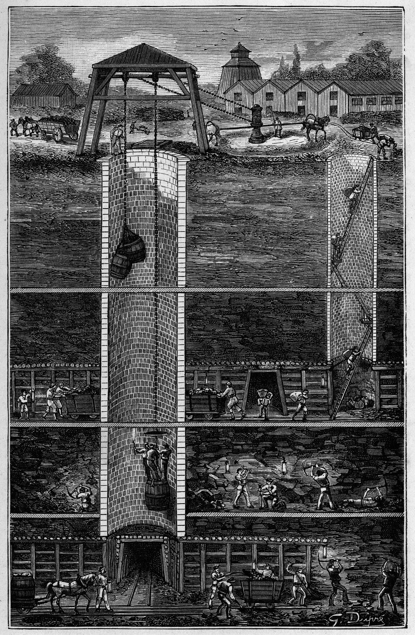 Miniere di carbone nel XIX secolo - Estrazione delle miniere di carbone nel XIX secolo - Incisione in "Scienze alla portata di tutti - Fisica e chimica popolare" di Alexis Clerc - Fine XIX secolo - Collezione privata da French School