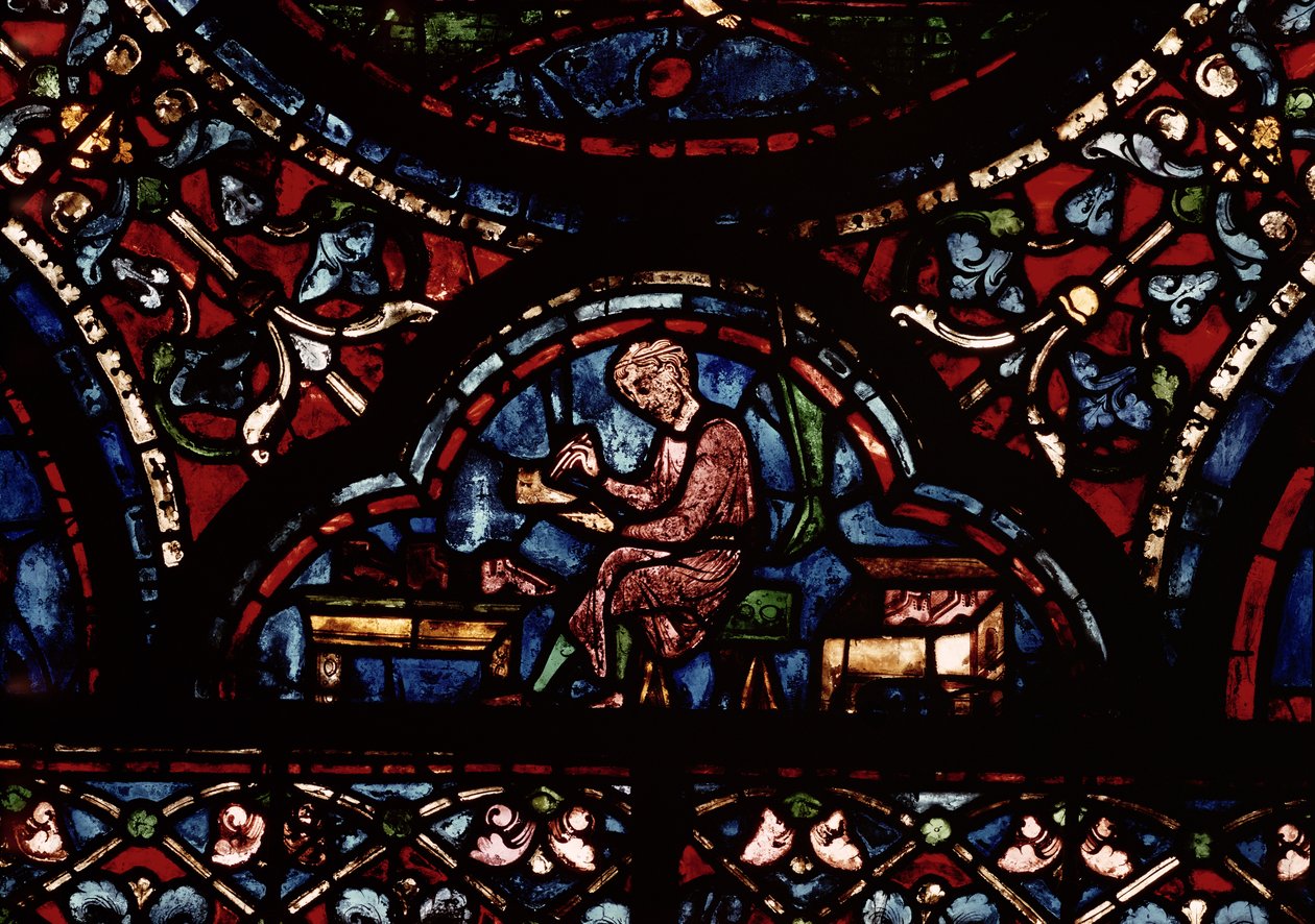 Calzolaio, dettaglio da una finestra che raffigura la Morte della Vergine da French School