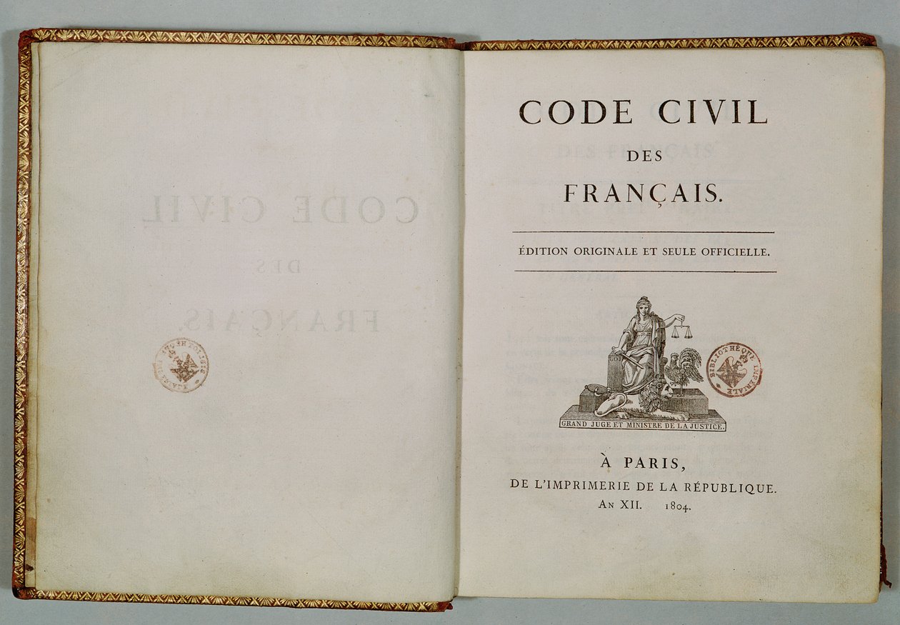 Codice Civile, aperto alla pagina del titolo, 1804 da French School
