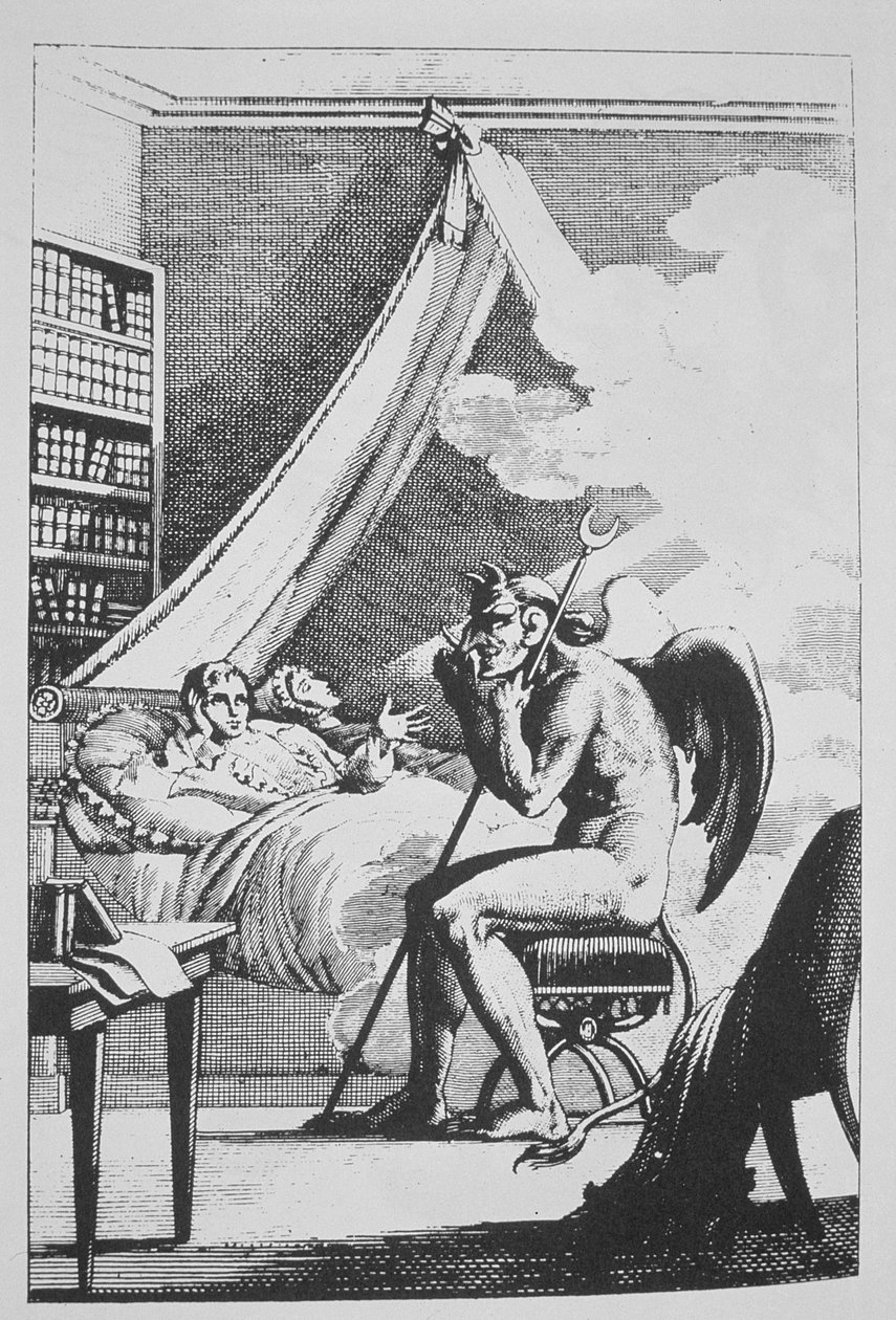 Collin de Plancy (1793-1887) che conversa con il Diavolo, da Le Diable Peint par Lui-meme (1825) illustrato in una storia della magia pubblicata alla fine del XIX secolo da French School