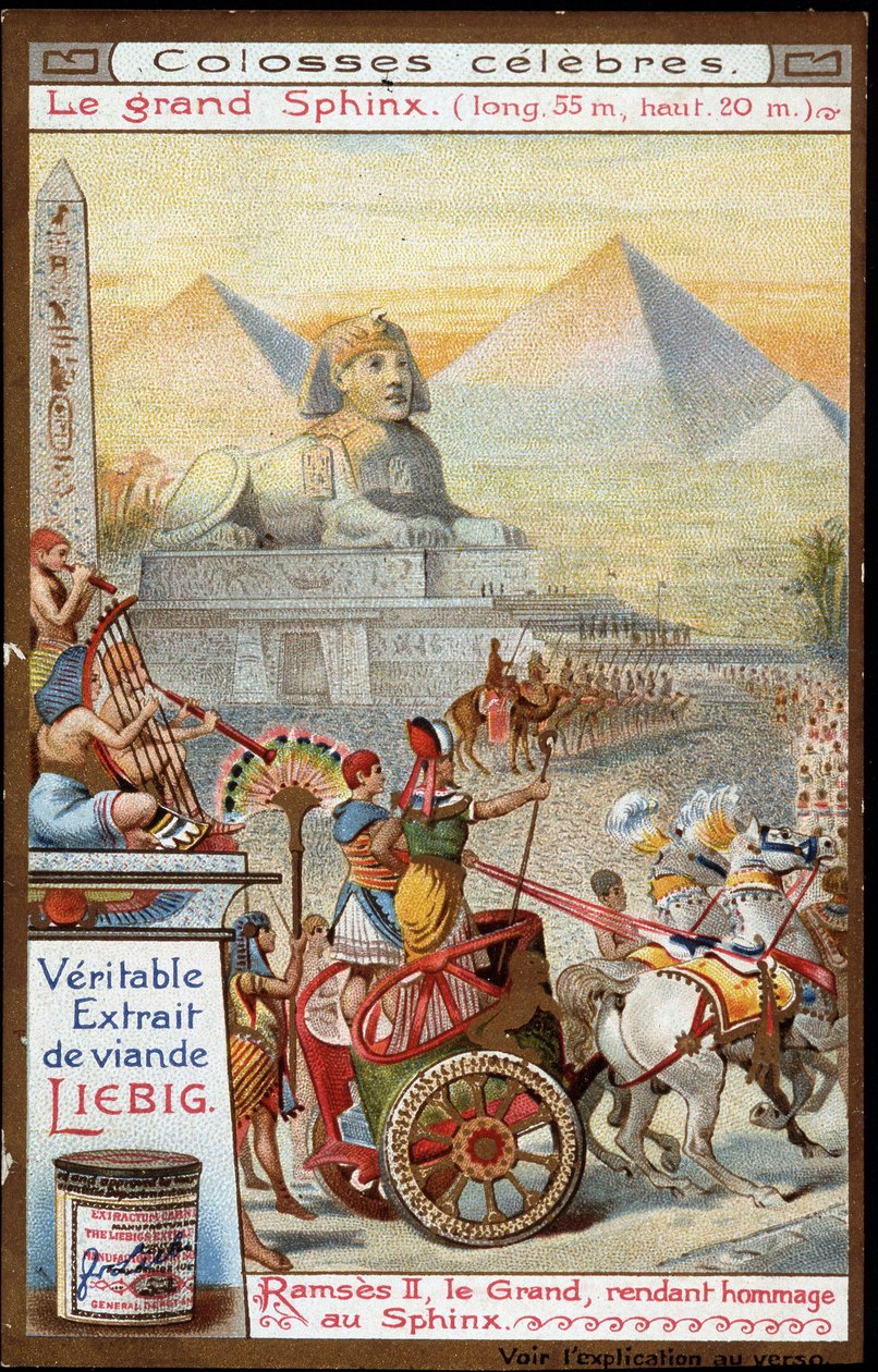 Colosso Famoso: la Grande Sfinge (lungo 55m, alto 20m): Ramses II, il Grande, che rende omaggio alla Sfinge - Cromolitografia Liebig da French School
