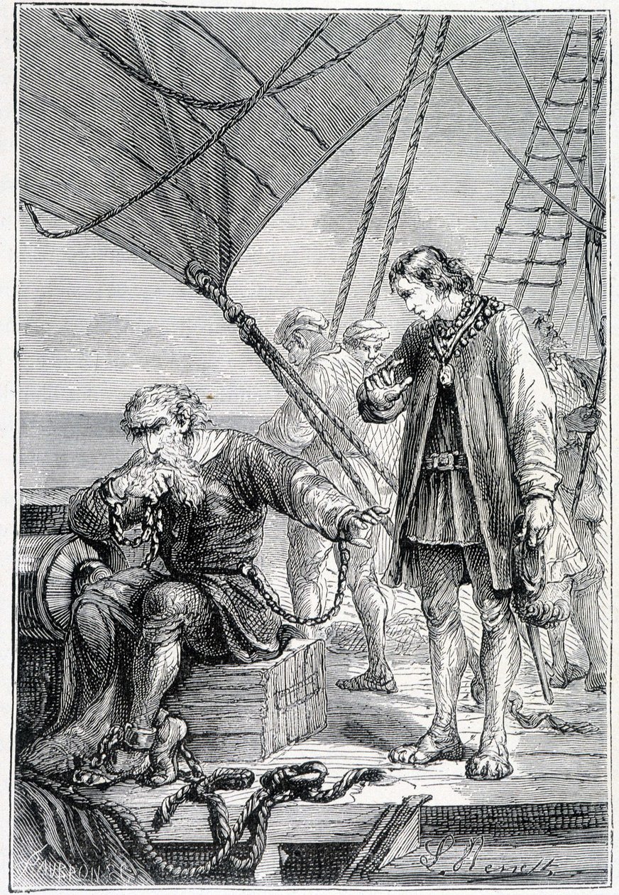 Colombo legato come un malfattore (sul ponte della nave), ill. "Scoperta della Terra" di Jules Verne, ed. Hetzel, XIX secolo da French School