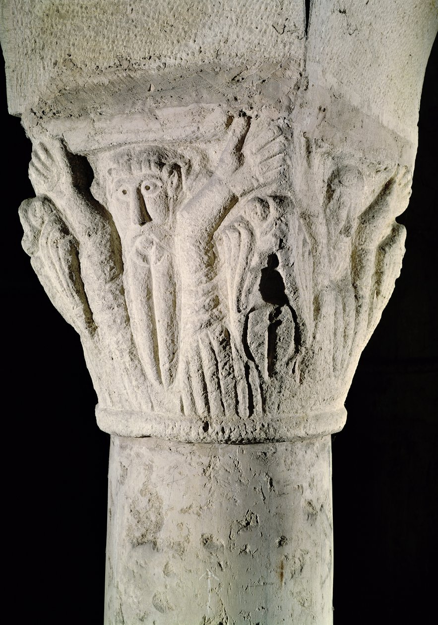 Capitello di colonna con un uomo con le braccia alzate da French School