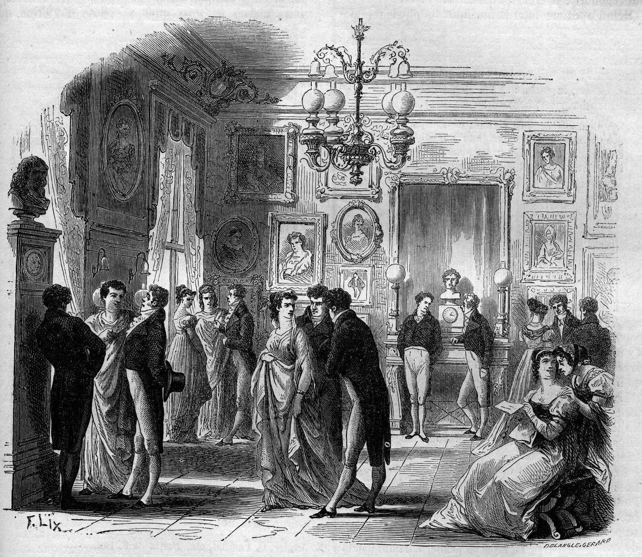 Comédie Française: veduta del foyer degli artisti con i comici François-Joseph Talma (1763-1826) e Anne Boutet, detta Mademoiselle Mars (1779-1847), comica francese. Incisione del 1867-1868 da French School