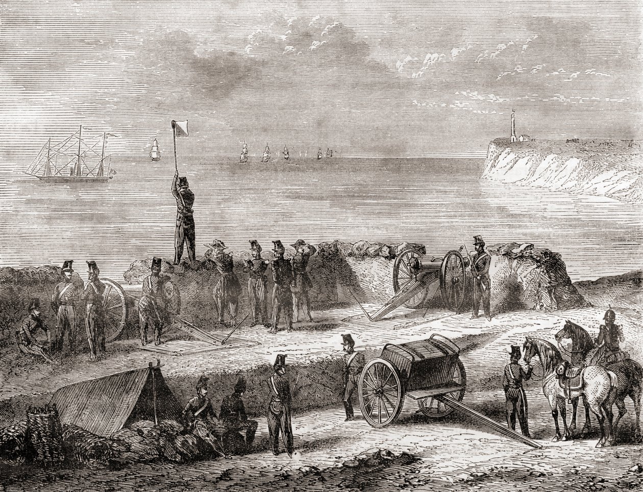 Comunicazione tra una nave che entra in porto e le truppe sbarcate usando il sistema di telegrafia a bandiera semaforica, da Les Merveilles de la Science, pubblicato c.1870 (incisione) da French School