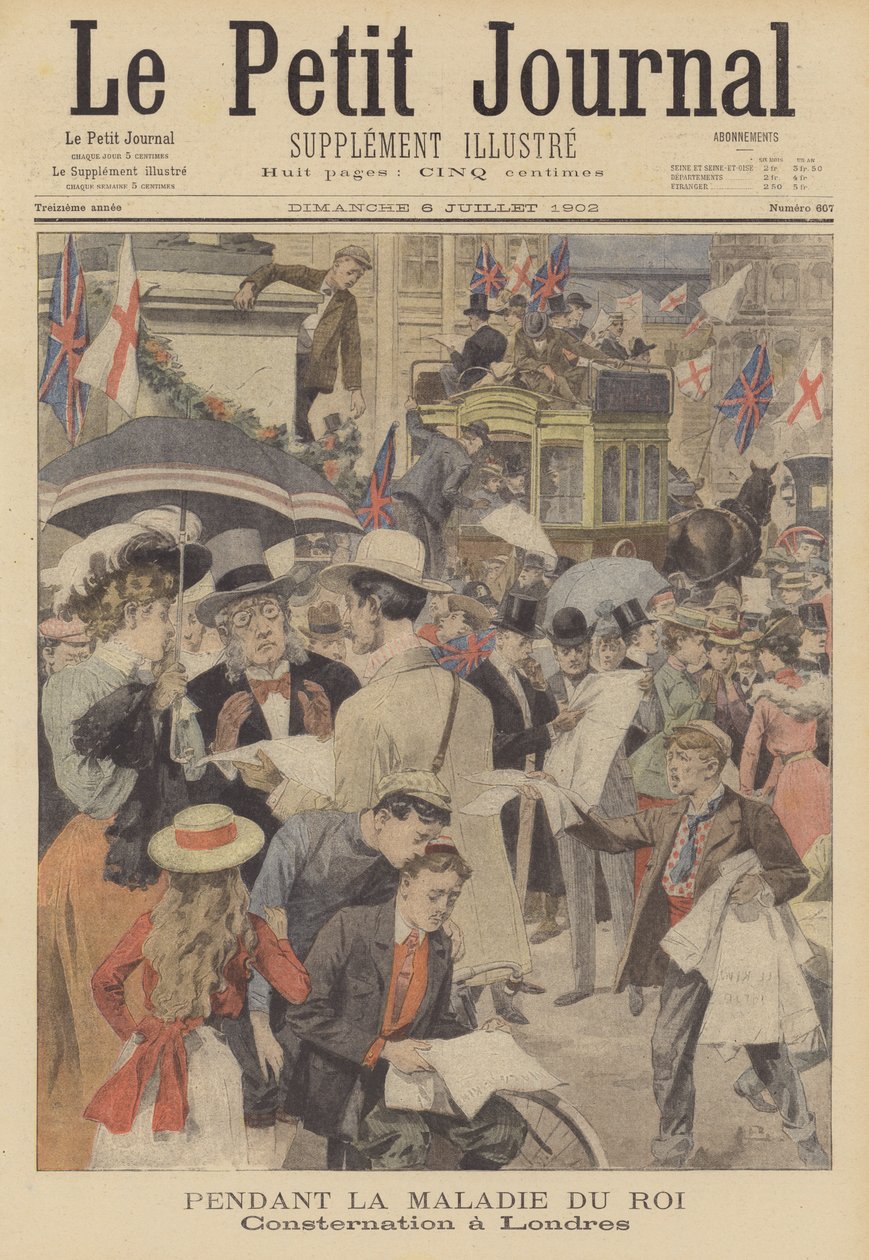 Preoccupazione a Londra per la malattia del re Edoardo VII (litografia a colori) da French School