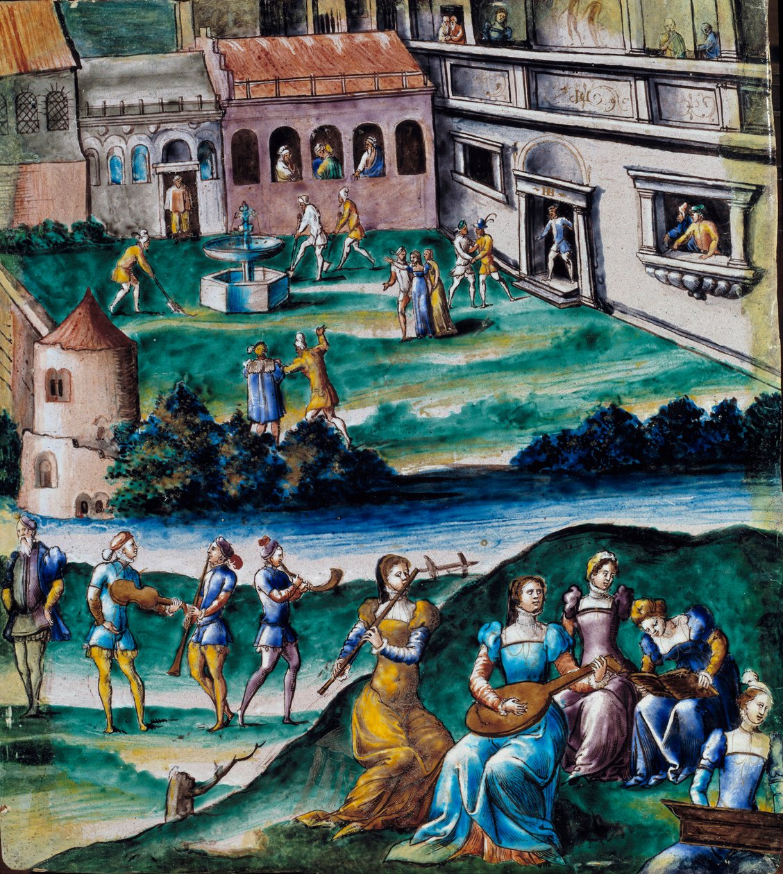 Concerto nel cortile di un castello. Pittura su smalto, scuola francese da French School