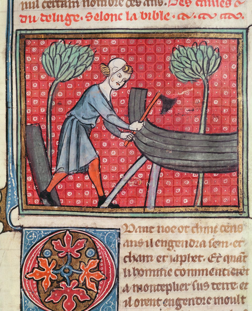 Costruzione di una barca, dalla Bible Historiale di Guiart des Moulins da French School