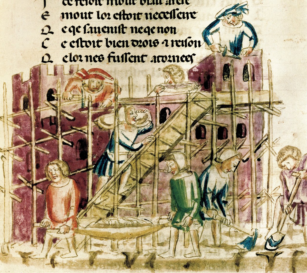 Costruzione di una fortezza, Miniatura di un manoscritto del XIV secolo Parigi, B.N. da French School