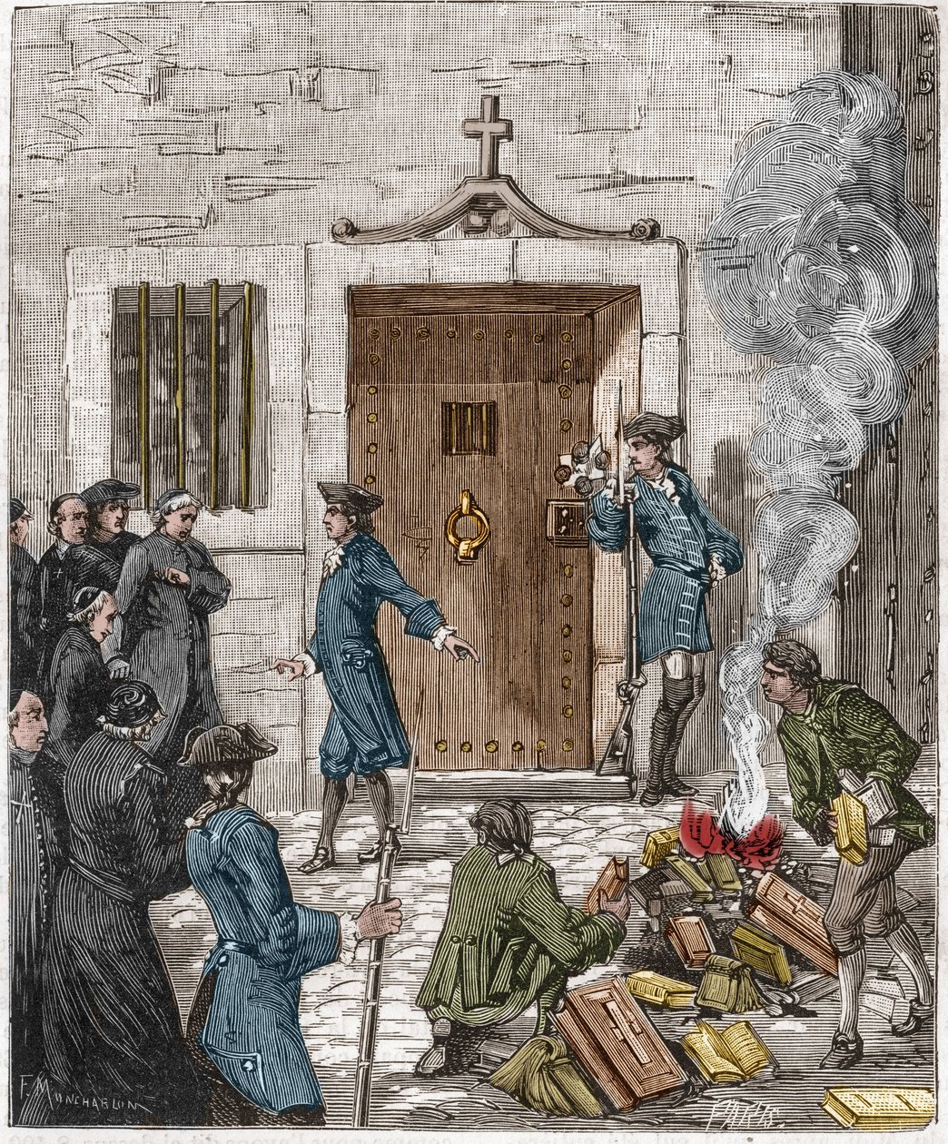 Condanna della Società dei Gesuiti a seguito della decisione del Parlamento di Parigi del 6 agosto 1762. La corte ordinò che più di 24 libri e opere dei Gesuiti fossero bruciati dal boia. Incisione del XIX secolo da French School