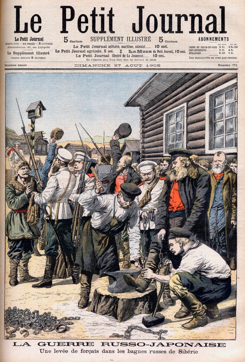Forzati in Siberia arruolati per combattere nella Guerra Russo-Giapponese. Guerra Russo-Giapponese. Una rivolta di forzati nei bagni penali russi della Siberia. Illustrazione per Le petit Journal, 27 agosto 1905. da French School