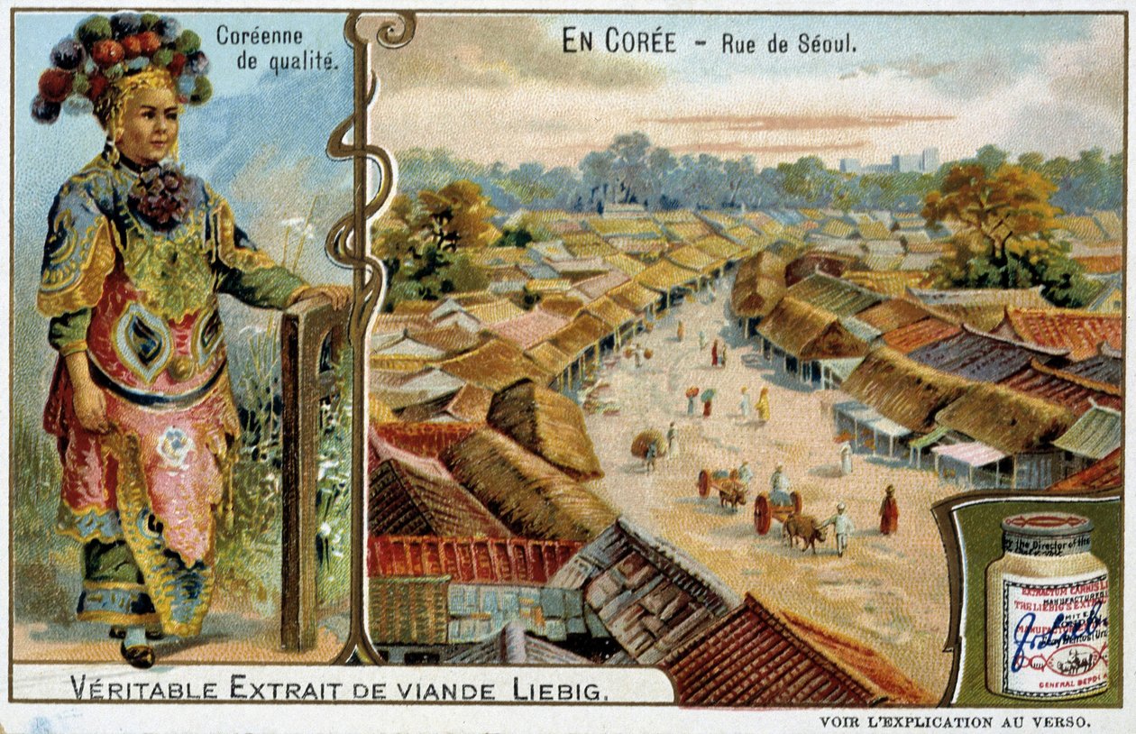 Corea: Strada di Seoul e costume femminile - cromolitografia Liébig, ca. 1900 da French School