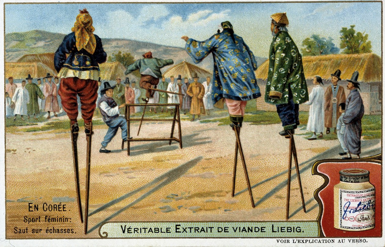 Corea: sport femminile di saltare sui trampoli - Chromo Liebig, ca. 1900 da French School