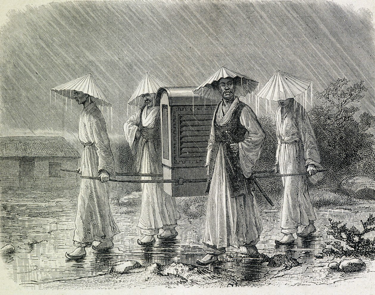 Coreani vestiti in un palanchino (abito da pioggia dei coreani) che trasportano una sedia. Illustrazione tratta da 