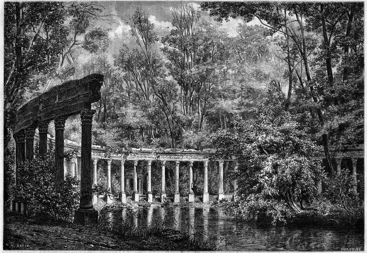 Colonnato corinzio intorno al bacino ovale nel Parc de Monceau, Parigi da French School