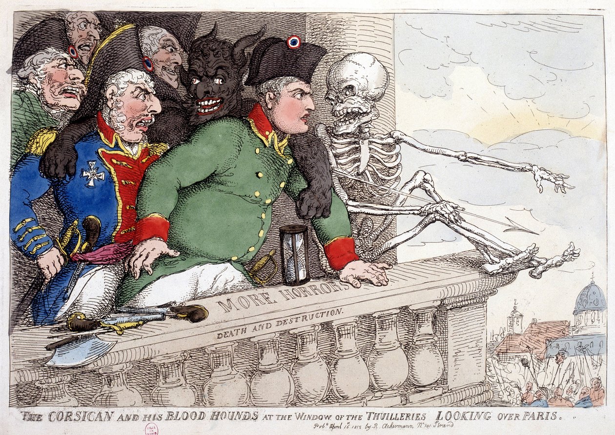 La Corsica e il suo aspetto sanguinario guardando Parigi attraverso la finestra delle Tuileries - in "Napoleone I", caricature, collezione fittizia, c. 1814-1815. da French School