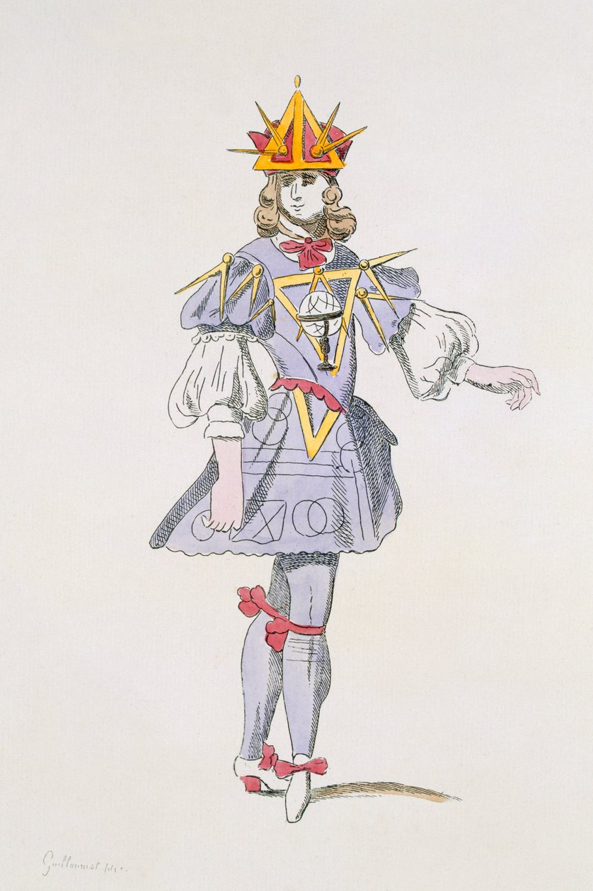 Costume per Geometria in un balletto di corte del XVII secolo, dalla collezione Menus Plaisirs, facsimile di A. Guillaumot Fils (incisione a colori) da French School