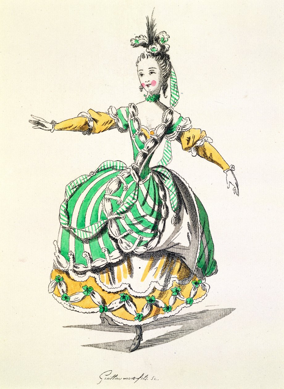 Costume per Phrygienne, in Dardanus, un libretto di Leclerc de Labruere, composto da Jean-Philippe Rameau, facsimile di A. Guillaumot Fils (incisione a colori) da French School