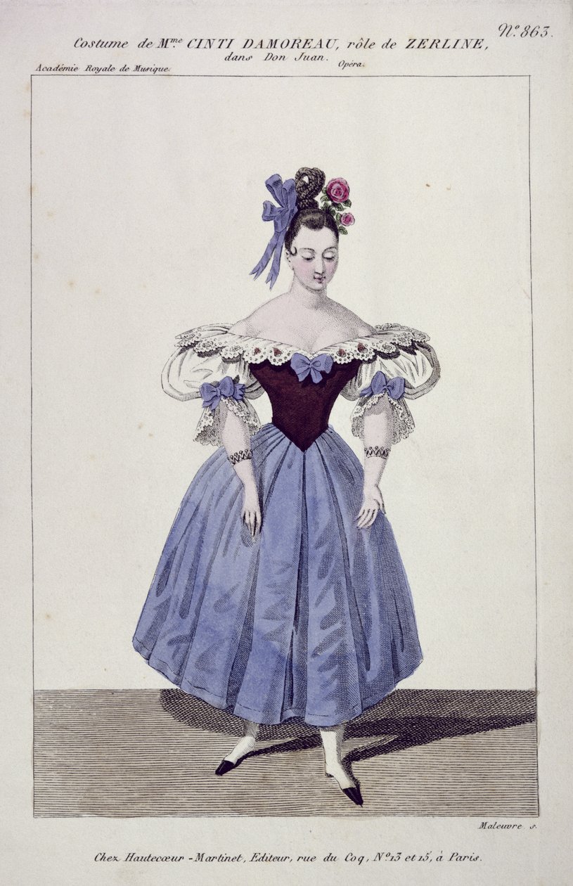 Costume per Madame Cinti Damoreau nel ruolo di Zerlina in Don Giovanni, inciso da Maleuvre, stampato da Hautecoeur-Martinet da French School