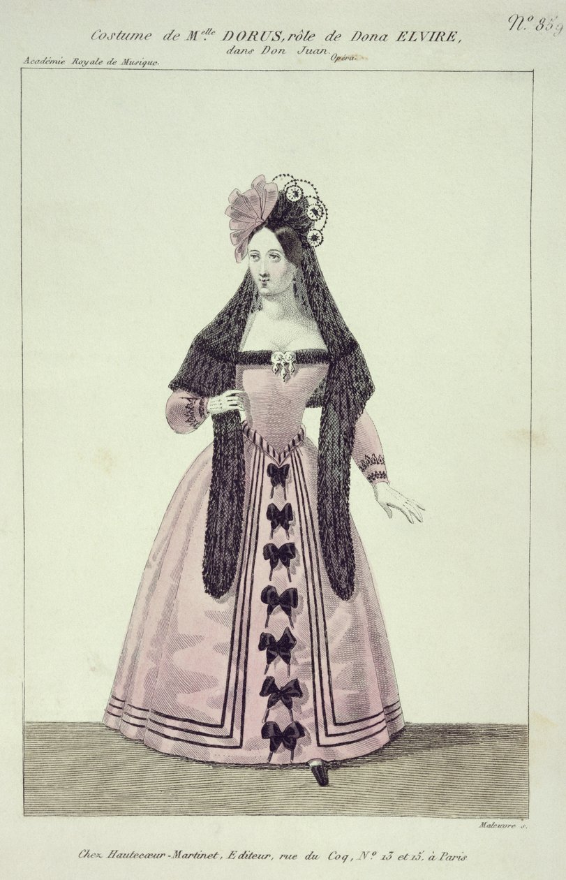 Costume per Mademoiselle Dorus nel ruolo di Donna Elvira in Don Giovanni, inciso da Maleuvre, stampato da Hautecoeur-Martinet da French School